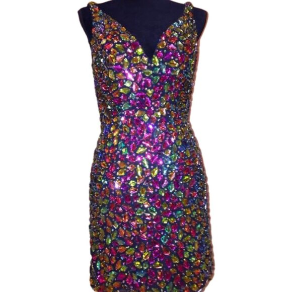 Luxurious Couture Multicolor Crystals Festive Party Prom Designer Holiday Dress - Picture 4 of 12